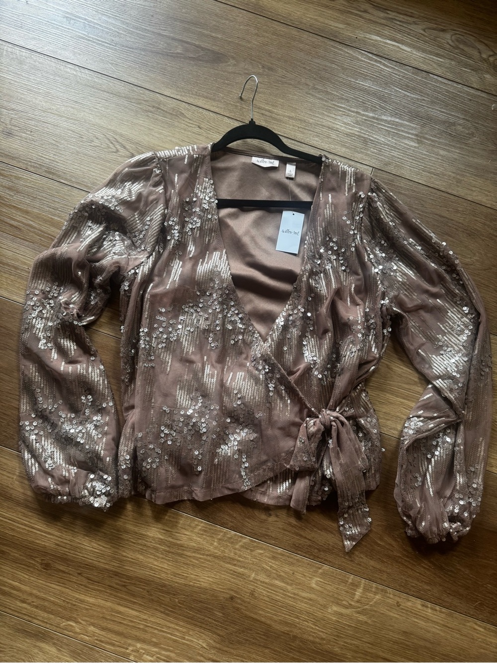 Sequin Wrap Blouse in Dusty Rose with Tie Waist